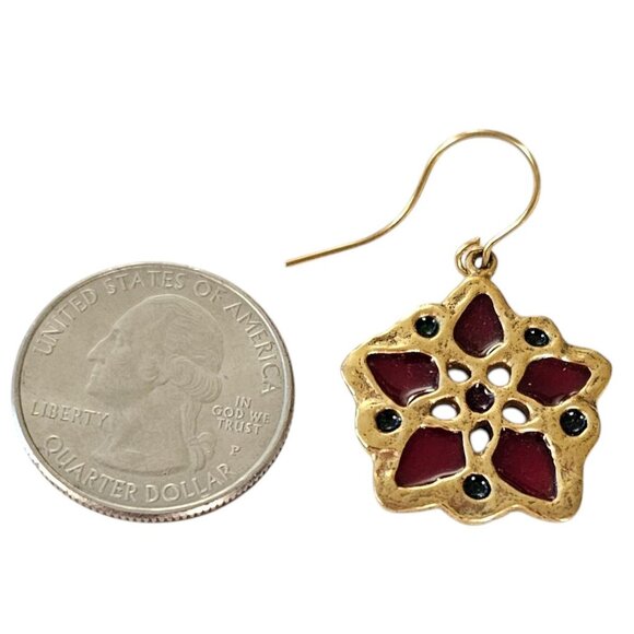 MMA Plique-A-Jour Style French Hook Poinsettia Earrings, Signed L514 - Picture 9 of 11